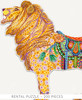 Close-up of Hear Me Roar wooden jigsaw puzzle presenting a lion standing in a mighty pose while wearing a saddle on its back. The lion and saddle are decorated with colorful dots, creating a pointillism look.