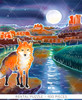 Close up of Night On The Town wooden jigsaw puzzle revealing a night scene of a fox standing on the side of a cliff by a river that flows through the land with plateaus stretching up towards the glowing moon in the background.