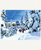 Winter Park, Colorado wooden jigsaw puzzle reveals three skiers traveling down the mountain with their ski poles in hand through the thick snow. They follow a path between the tall snow covered evergreen trees. The sun shines down on the mountain range in the bright blue sky.