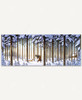 Winter Scene Man With Tree wooden jigsaw puzzle presents a man carrying a pine tree over his shoulder through the snow covered woods with his two dogs traveling behind. A warm cabin hides behind the trees in the distance.
