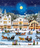 Close-up of Sleigh Riding In Stockbridge wooden jigsaw puzzle displaying a quaint victorian village within the mountains. The moon shines down on a frozen pond where people gather for sleigh rides and shop the local stores.