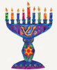 Lights Of Life wooden jigsaw puzzle presents a blue Chanukiah holding nine colorfully lite candles. The center of the Chanukiah has the Hanukkah  symbol "shin" with a star on each side. The Star Of David and leaves are painted on the stem of the candelabrum.