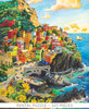 Close-up of Manarola Vista wooden jigsaw puzzle capturing the village of Manarola, perched on a cliffside, with vibrant colored houses cascading down towards the water.