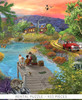 Lakeside Panorama wooden jigsaw puzzle captures an Autumn scene of cabins up in the mountains with a lake front view. The image captures different leisure activities, such as a tree swing, sail boats, picnic basket in between adirondack chairs, a father and son fishing on a dock with their canine, and an old pickup truck driving along a dirt road. Wildlife is spread through the scene from deer to butterflies and racoon to birds.