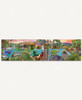 Lakeside Panorama wooden jigsaw puzzle captures an Autumn scene of cabins up in the mountains with a lake front view. The image captures different leisure activities, such as a tree swing, sail boats, picnic basket in between adirondack chairs, a father and son fishing on a dock with their canine, and an old pickup truck driving along a dirt road. Wildlife is spread through the scene from deer to butterflies and racoon to birds.