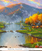Close up of Evening Retreat taking you to an autumn paradise within the mountains of North America. A cosy cabin resides next to a river that's flowing down from the mountains. The wildlife can be seen enjoying the landscape they call home.
