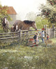Close up of three children and a golden retriever stand by a wooden fence in an autumn orchard, feeding shiny apples from a wagon’s barrel to three friendly horses as golden sunlight warms the scene.