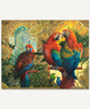 A vibrant tropical scene featuring two Scarlet Macaws, a Crimson Rosella, a Fire-tailed Myzornis, and a Violetear Hummingbird. The composition is filled with exotic flowers, lush greenery, and decorative gold and turquoise patterns.