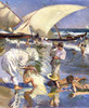 Close up of a sunlit Mediterranean beach scene with two women holding young children at the water’s edge while their feet touch the waves. Nearby, older boys play in the water.