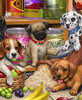 Close up of five playful puppies create a mischievous scene inside a cozy pantry during snack time. A beagle lounges in a basket of fruit, while a pug tips over a bag of rice toward a dachshund. A black lab and a dalmatian join in the fun, surrounded by scattered pantry items and wagging tails.