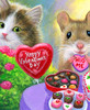 Close up of a playful Valentine’s Day scene with a mouse opening gifts, including a cake, box of chocolates, heart-shaped balloons, and a card, while a cat peeks from behind a rose bush to watch.