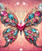 Close up of a radiant butterfly with wings decorated in colorful, gem-like details. A glowing backlight creates a radiant halo effect, giving the butterfly a dreamlike presence. The scene is framed by ornate gilded swirls with rich ruby accents.