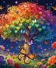 Close up of a whimsical tree with rainbow-colored leaves stands atop a sunny hill, surrounded by blooming wildflowers and colorful butterflies.