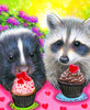 Close up of a playful Valentine’s Day illustration of a skunk, raccoon, and fox sitting around a table with a pink heart-patterned tablecloth, enjoying cupcakes decorated with fondant hearts.