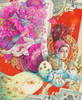 Close up of angelic figure in David Galchutt’s Floral Fanfare, floating gracefully while holding a trumpet, set against a bold red background. The angel’s wings are made of abundant, richly saturated pink flowers.