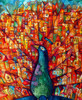 Close up of a whimsical watercolor illustration by Oxana Zaika of a majestic peacock with flowing, multicolored feathers that transform into a miniature old-world village.