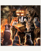 Woodland animals gathered in a cozy room by a glowing fireplace. A bear sits in a leather armchair holding a book titled Human Behavior, while a badger and rabbit perch on his lap. Nearby, a fox, dog, raccoon, squirrel, and owl crowd around, leaning in with curious expressions as they study the book together.