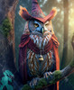 Close up of Wisdom Keeper presenting an owl wearing a pointed hat and cape as it sits on a tree branch in the woods.