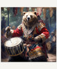 Brown bear wearing a traditional Japanese taiko drummer outfit, performing on a large drum at a festival.