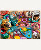 Overhead of a cozy indoor pet scene featuring multiple animals- Puggle, goldfish, Siamese cat, Chihuahua, bunnies, Tabby cat, parrot, and guinea pigs- arranged in a warm, lived-in space.