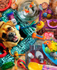 Close up of a cozy indoor pet scene featuring multiple animals- Puggle, goldfish, Siamese cat, Chihuahua, bunnies, Tabby cat, parrot, and guinea pigs- arranged in a warm, lived-in space.