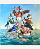 Seven puffins are standing on rocky outcrops in the ocean, each dressed in circus-style costumes. A ringleader stands on the tallest rock with wings spread, pointing toward a distant ship.