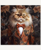A Persian cat dressed in a black suit with an orange floral pattern, a white button-up shirt, and an orange bow tie.