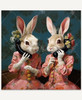 Whimsical scene of two white rabbits standing side by side, dressed in pink floral Victorian-style dresses, holding phones to their ears that bloom with flowers.