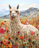 Close up of a cheerful scene of a llama standing proudly in a valley full of colorful flowers, with mountains rising in the background. The artwork has a textured, embroidered fabric-like style.