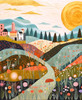 Close up of a colorful countryside scene with rolling hills covered in patchwork-style wildflowers. In the distance, a small town sits beneath flowing mountains, while a large, glowing sun fills the sky with warm light.