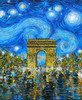 Close up of the Arc de Triomphe under a swirling, blue starry sky, painted in vibrant Post-Impressionist style.