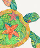 Close up of a detailed sea turtle, adorned with starfish on its shell and delicate shells and coral decorating its flippers.