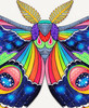 Close up of a radiant moth with outstretched wings in vibrant, jewel-toned rainbow colors, and part of its wings dissolve into a starlit night sky.