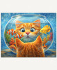 An orange tabby cat peers into a fishbowl with two clownfish and a dwarf honey gourami, surprised to see its own reflection staring back.