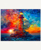 A colorful low-poly illustration of a lighthouse at sunset, made of vibrant rainbow triangles.