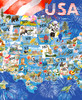 Close up of a patriotic map of the United States featuring all 50 states, each illustrated with iconic landmarks, symbols, and attractions associated with that state. An American flag waves in the upper left corner.
