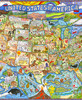 Close up of a patriotic map of the United States featuring all 50 states along with the U.S. Virgin Islands and Puerto Rico, each highlighted with iconic landmarks, symbols, and regional treasures.