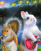 Close up of a squirrel playing saxophone and a rabbit playing guitar.