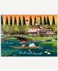 Swan Sunday depicts a waterfront scene featuring a long wooden boat with a red-and-white striped canopy carrying vintage-dressed passengers across a lily pad-covered river. A stately stone building with striped awnings, a golden-domed cupola, an American flag, and two peacocks overlooks the water. A large stone bridge leads to a distant gazebo, creating a charming folk art portrait of bygone Americana.