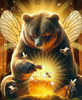 Close up of a gentle brown bear with delicate, translucent insect-like wings holding a honey dipper above a glowing pot of golden honey. Honeybees buzz around the bear as it sits in a forest, illuminated by warm amber light.