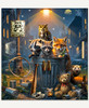Woodland animals hold a "Neighborhood Watch" meeting around a metal trash can. A raccoon wearing binoculars sits inside the can beside a badger, while a great horned owl perches overhead, a red fox leans nearby, and a shy ferret peeks from behind.