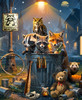 Close up woodland animals holding a "Neighborhood Watch" meeting around a metal trash can. A raccoon wearing binoculars sits inside the can beside a badger, while a great horned owl perches overhead, a red fox leans nearby, and a shy ferret peeks from behind.