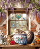 Close up of a cozy cottage scene featuring a fluffy Maine Coon cat resting in a ceramic bowl on a rustic windowsill, with a tiny mouse nestled in its fur. Terracotta pots and cascading purple wisteria frame the warm woodland setting.