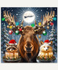 A majestic moose wearing colorful Christmas lights and ornaments on its antlers, standing between a raccoon and Arctic fox dressed in Santa hats and carrying trays of candles and holly berries. A bright moon shines between the moose’s antlers while Santa’s sleigh and reindeer silhouette fly across the starry sky above.