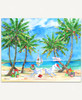 A tropical Christmas scene featuring two Adirondack chairs on a sandy beach overlooking sailboats decorated with sparkling Christmas lights, candy canes, and holiday wreaths. Festively decorated palm trees frame the scene with colorful ornaments and presents beneath them.
