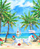 Close up of two Adirondack chairs on a sandy beach overlooking sailboats decorated with sparkling Christmas lights, candy canes, and holiday wreaths.