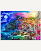 A colorful Cinque Terre village on a steep coastal hillside, split between a moonlit and a sunny sky of pink and orange clouds. Turquoise waves crash against rugged cliffs as three small fishing boats float near the rocky shore, while seagulls soar above pastel homes in red, yellow, orange, and blue.