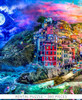 A colorful Cinque Terre village on a steep coastal hillside, split between a moonlit and a sunny sky of pink and orange clouds. Turquoise waves crash against rugged cliffs as three small fishing boats float near the rocky shore, while seagulls soar above pastel homes in red, yellow, orange, and blue. Rental Puzzle - 380 Pieces
