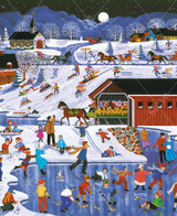  Close up of More Snow Coming wooden jigsaw puzzle revealing adults and children enjoying a snowy night outside, playing ice hockey on a frozen pond, sledding down the hill, and sleigh rides through the village. 