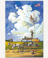  Sun-soaked seaside scene of a horse-drawn wagon by dune grass with two boys on top, a girl collecting seashells nearby, and another feeding seagulls from a watchtower. 